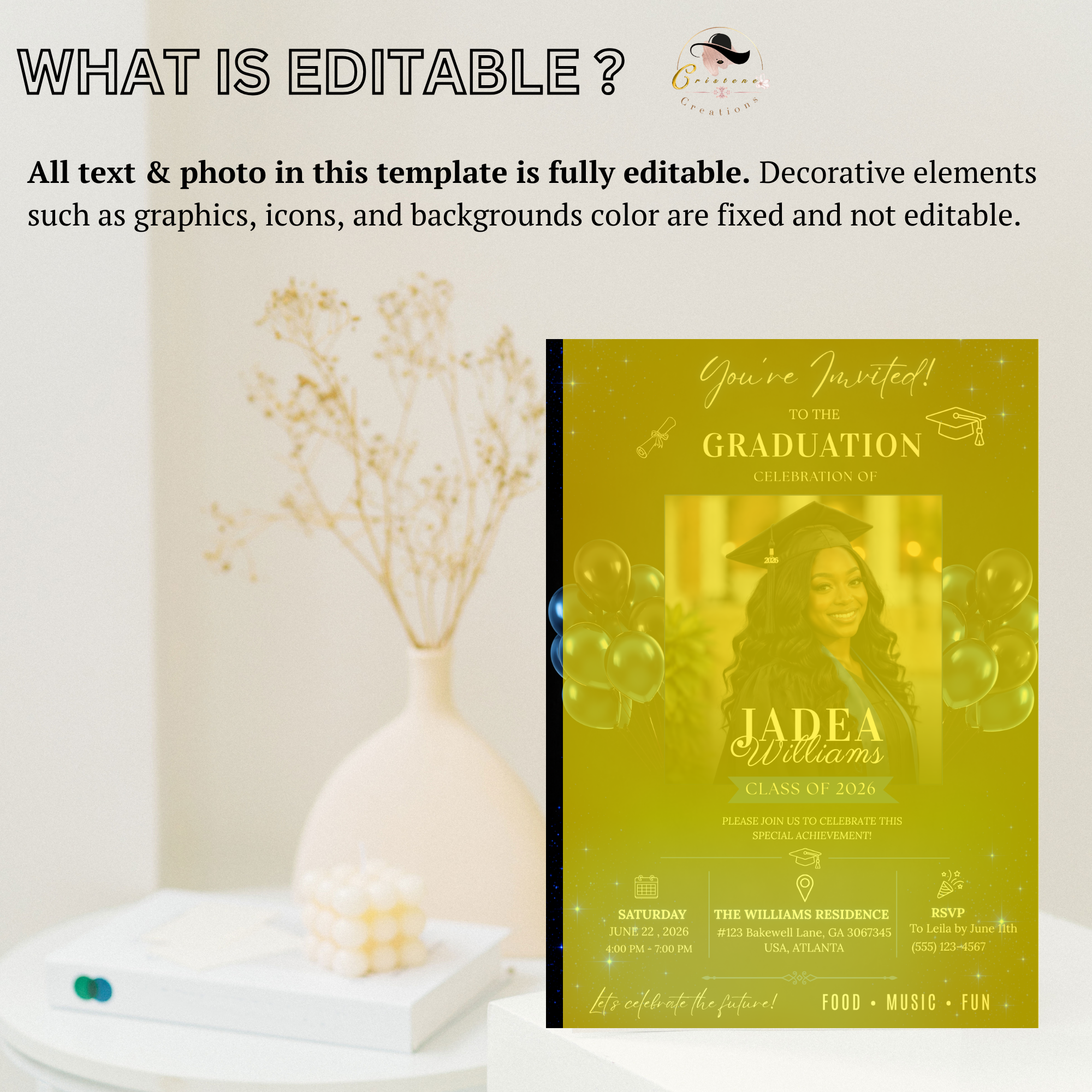 Graduation Invitation with Photo, Class of 2026 Grad Party Invite for Him and Her, High School College, Blue Editable Printable Template