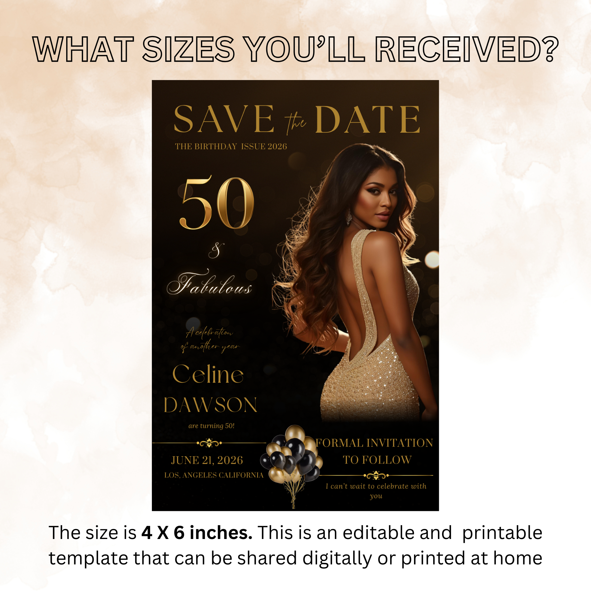 Black Gold 50th Birthday Save the Date Invitation, Save Date Party with Photo, Elegant Dinner Event Invite, Printable Canva Digital Template