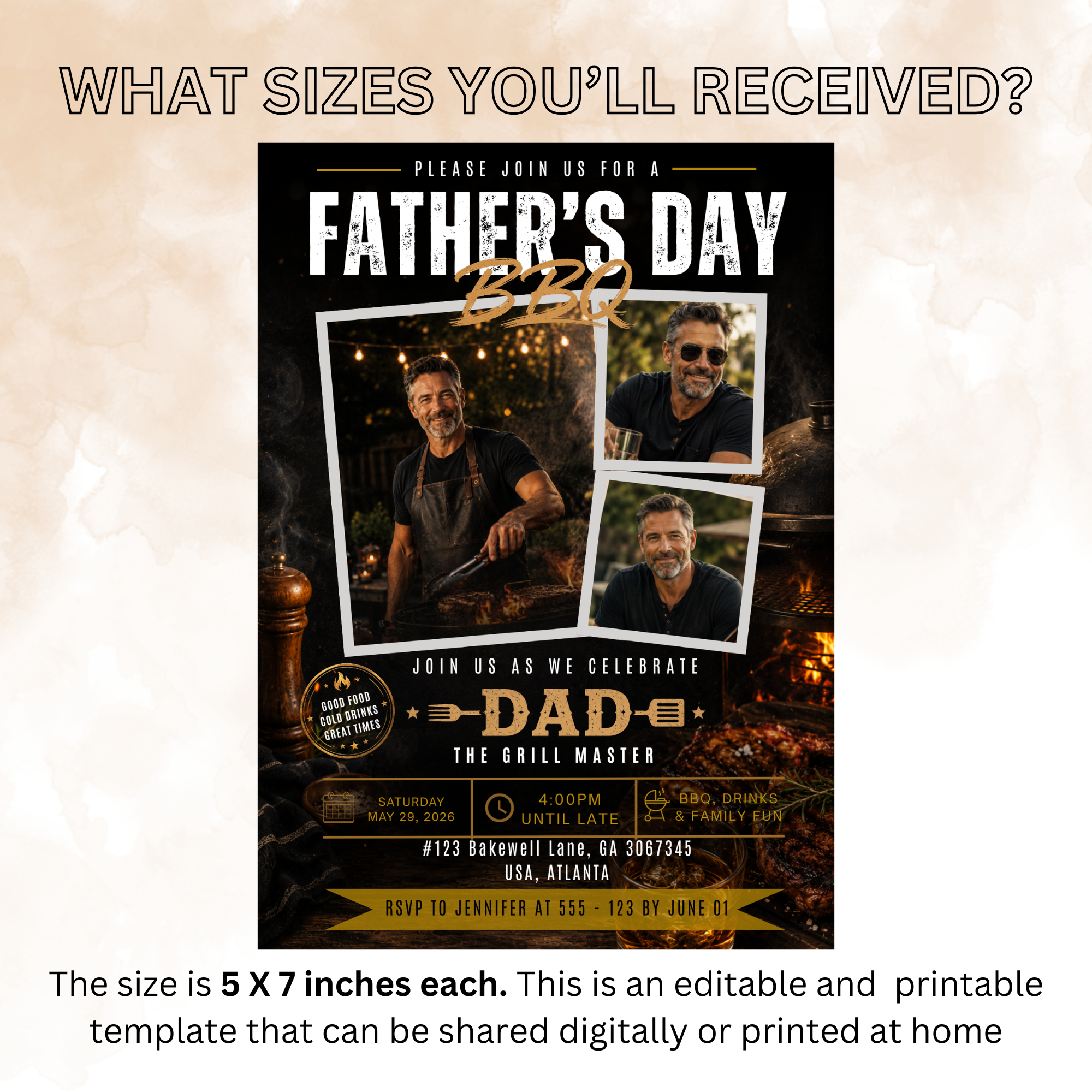 Father’s Day BBQ Party Invitation with photo, Dad Barbecue Cookout Invite, Grill Summer Invite, Black Gold Printable Editable Canva Template
