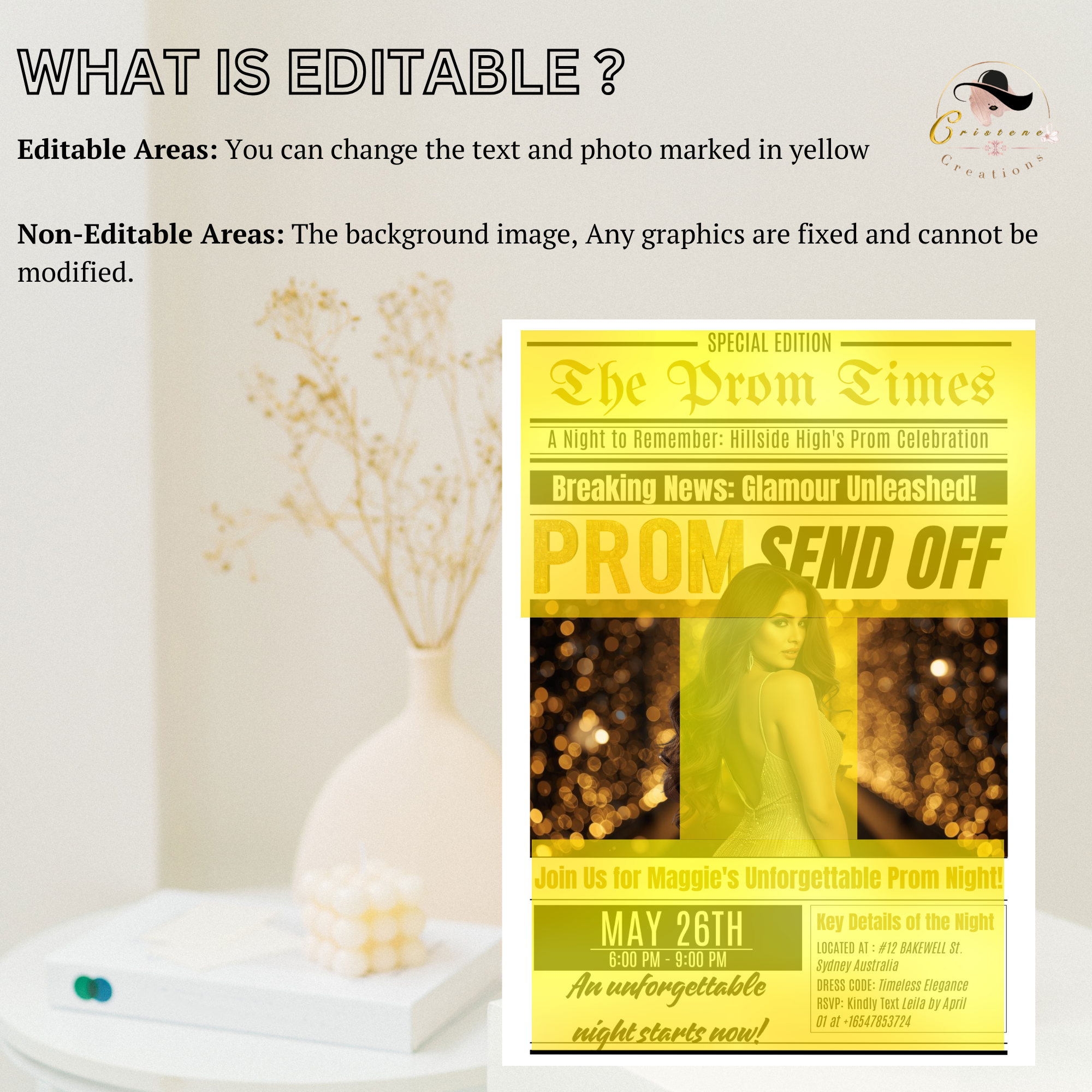 Newspaper Prom Send Off Invitation, Black Gold Prom Queen with photo invite, Teen Girl Prom Night Party Flyer, Digital Printable Template