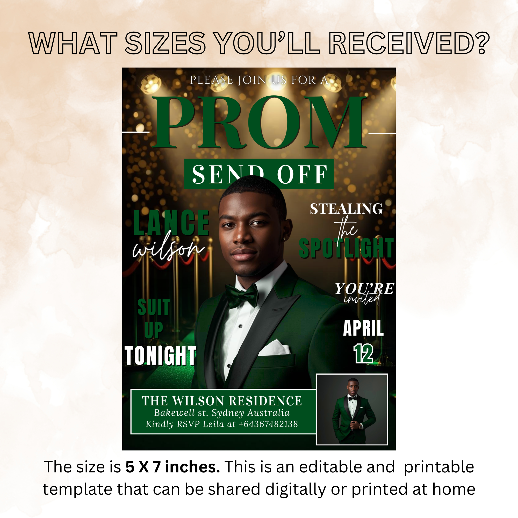Green Prom Send Off Invitation, Prom King Party with photo invite, Boys Senior Prom Night Flyer, Magazine Style Digital Printable Template