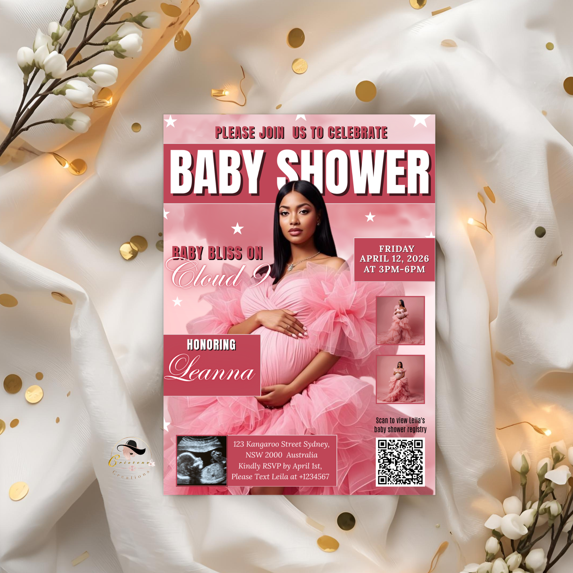 Cloud 9 Baby Shower Invitation with Photo, Pink Baby Girl Shower Invite, Cloud Nine Invite, Printable Editable Digital Template