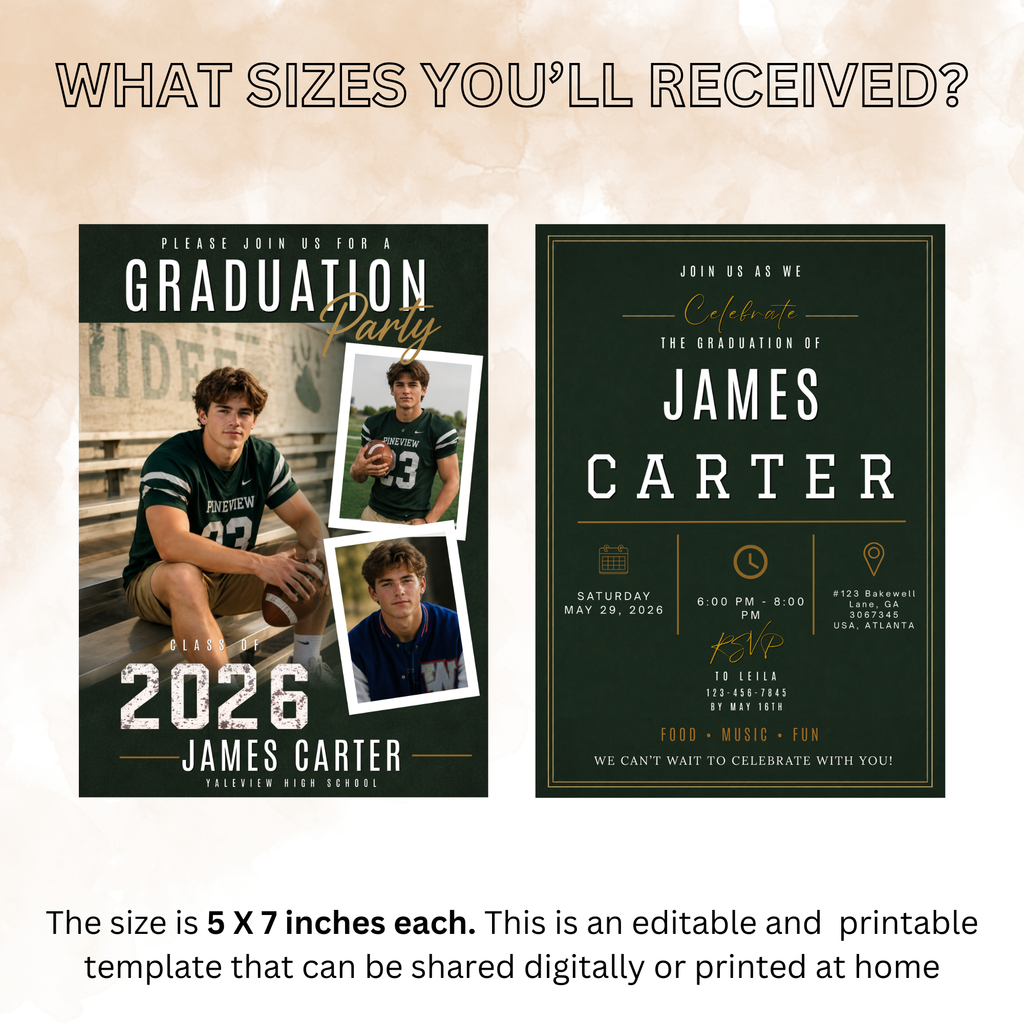 Green Graduation Invitation with Photo for Him, Class of 2026 High School College Grad Party Invite, Senior Grad Invite, Printable Template