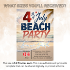4th of July Beach Party Invitation, Patriotic Summer Birthday Invite, Tropical Fireworks Independence Day Editable Canva Digital Template