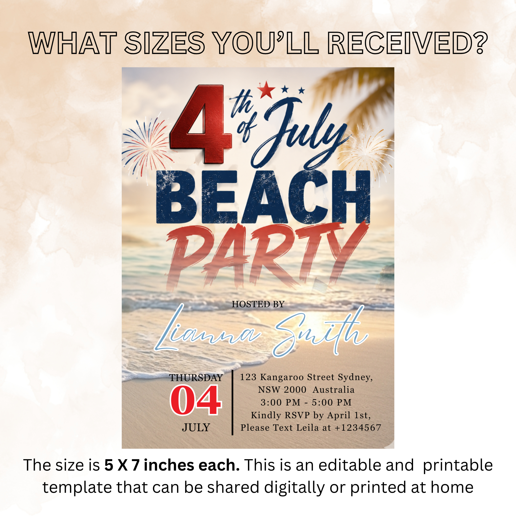 4th of July Beach Party Invitation, Patriotic Summer Birthday Invite, Tropical Fireworks Independence Day Editable Canva Digital Template
