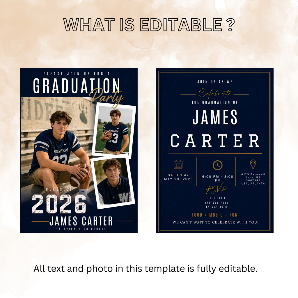 Blue Graduation Announcement Invitation with Photo for Him, Class of 2026 High School College Grad Party Invite, Printable Template