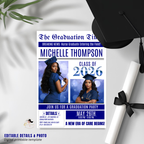 Blue Newspaper Nurse Graduation Invitation, 2026 RN Pinning Ceremony with photo invite, Woman LPN Nursing Graduates, Boy BSN Flyer Template