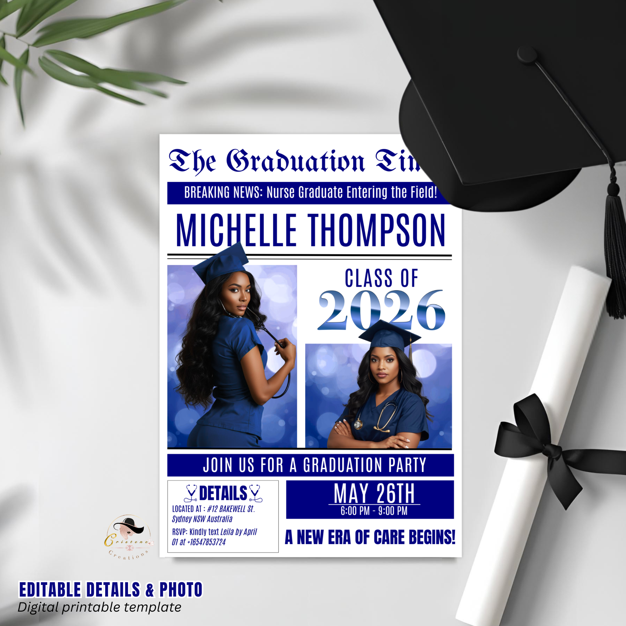 Blue Newspaper Nurse Graduation Invitation, 2026 RN Pinning Ceremony with photo invite, Woman LPN Nursing Graduates, Boy BSN Flyer Template