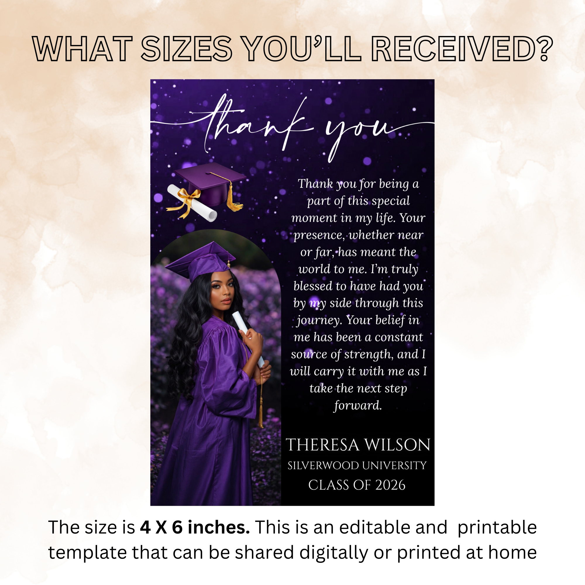 Purple Graduation Thank You Card with Photo, Grad Party Thank You Note for Him and Her, Class of 2026 Appreciation Card, Printable Template