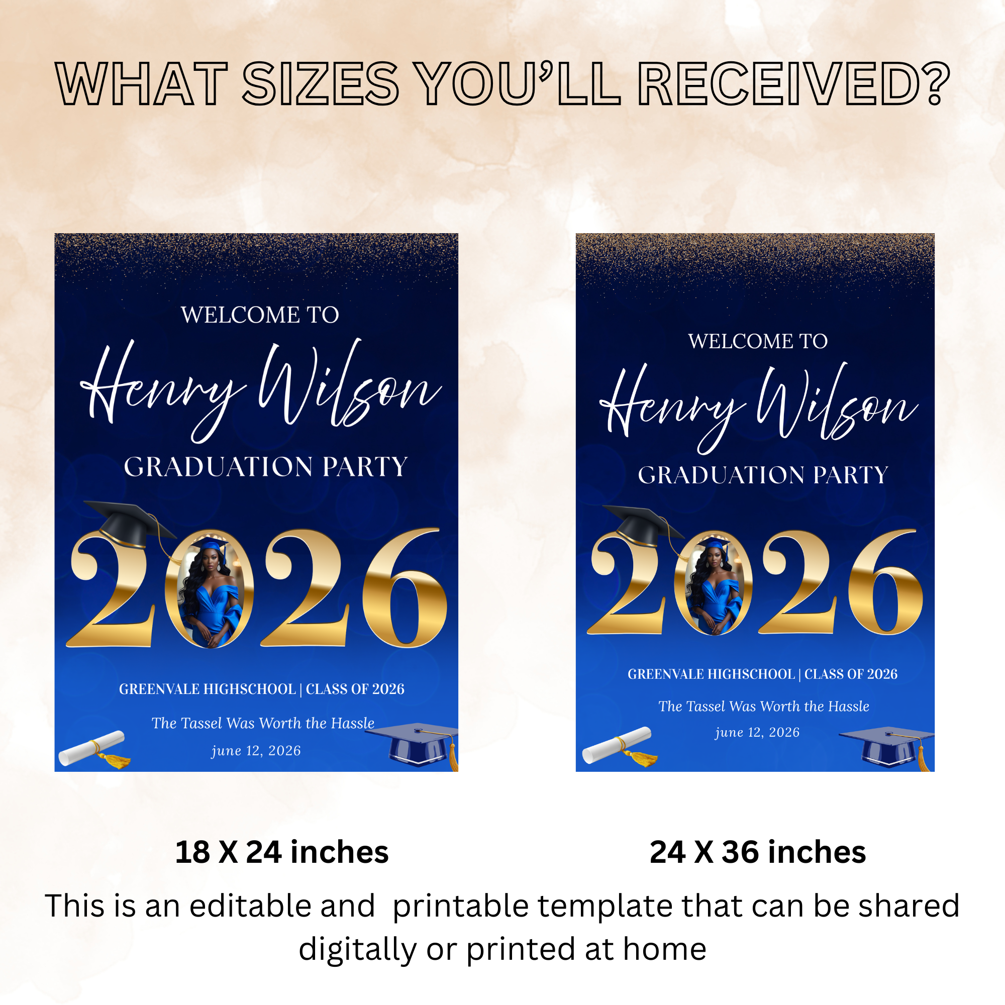 Blue Graduation Welcome Party Sign, Senior Grad Poster Sign with photo, Class 2026 Woman Boy High School Graduates Sign, Printable Template
