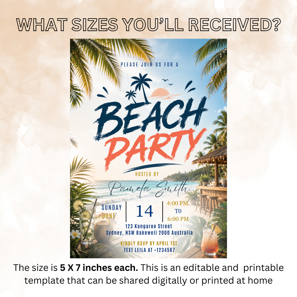 Beach Party Invitation, Tropical Summer Birthday Invite, Adult Beach Bash, Island Theme Celebration, Editable Canva Printable Template