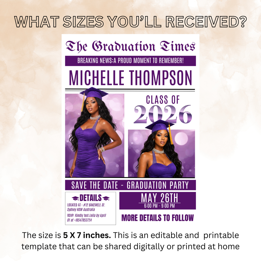 Purple Graduation Save the Date Invitation, Newspaper Grad Party with photo Invite, Class 2026 Boy Girl, Digital Printable Canva Template