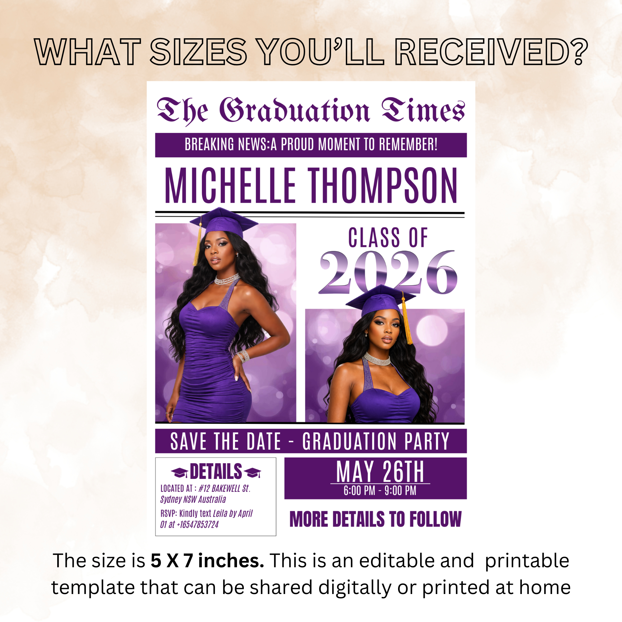 Purple Graduation Save the Date Invitation, Newspaper Grad Party with photo Invite, Class 2026 Boy Girl, Digital Printable Canva Template