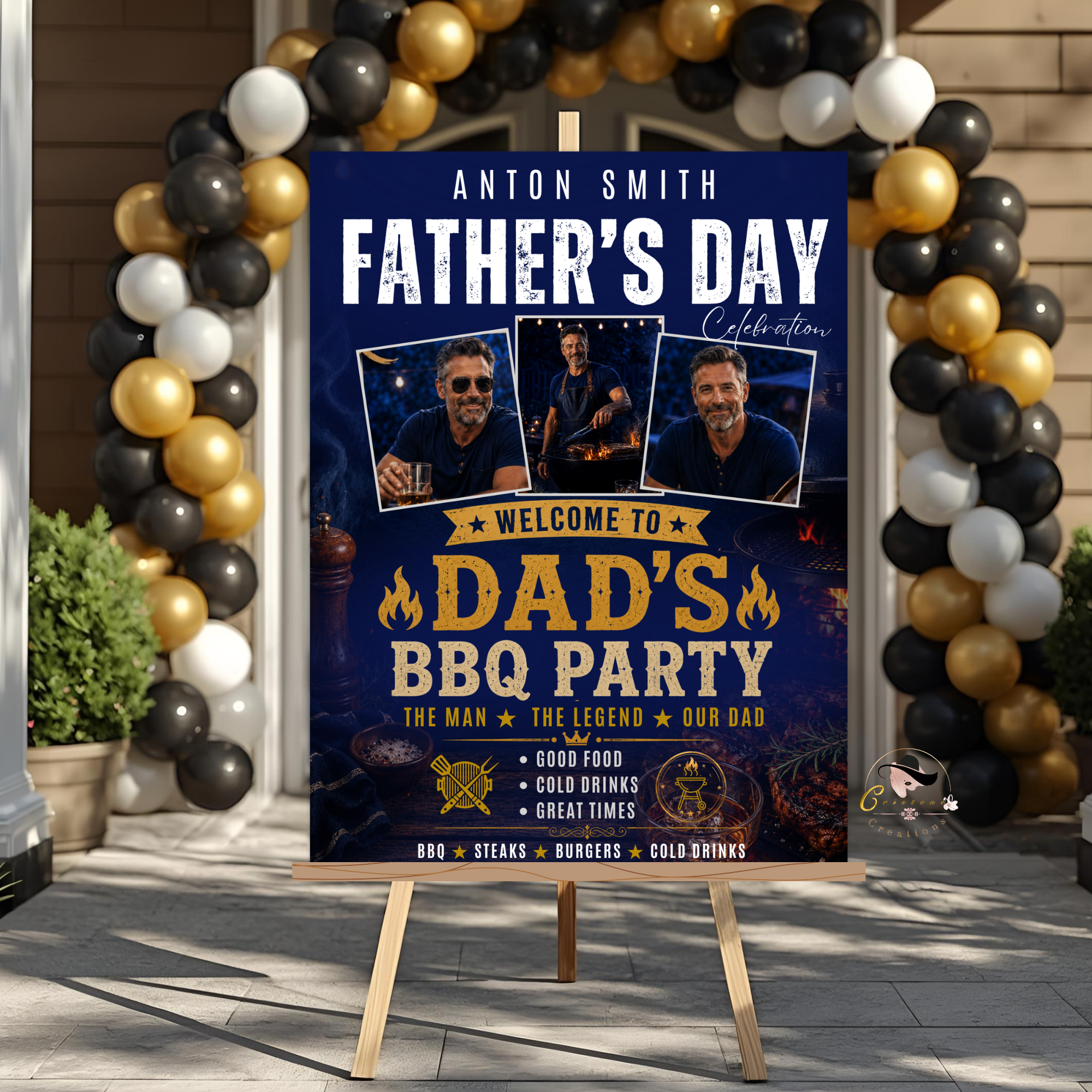 Dad BBQ Party Welcome Sign with Photo, Father’s Day Cookout Poster Sign, Summer Backyard Grill Party Sign, Blue Printable Canva Template