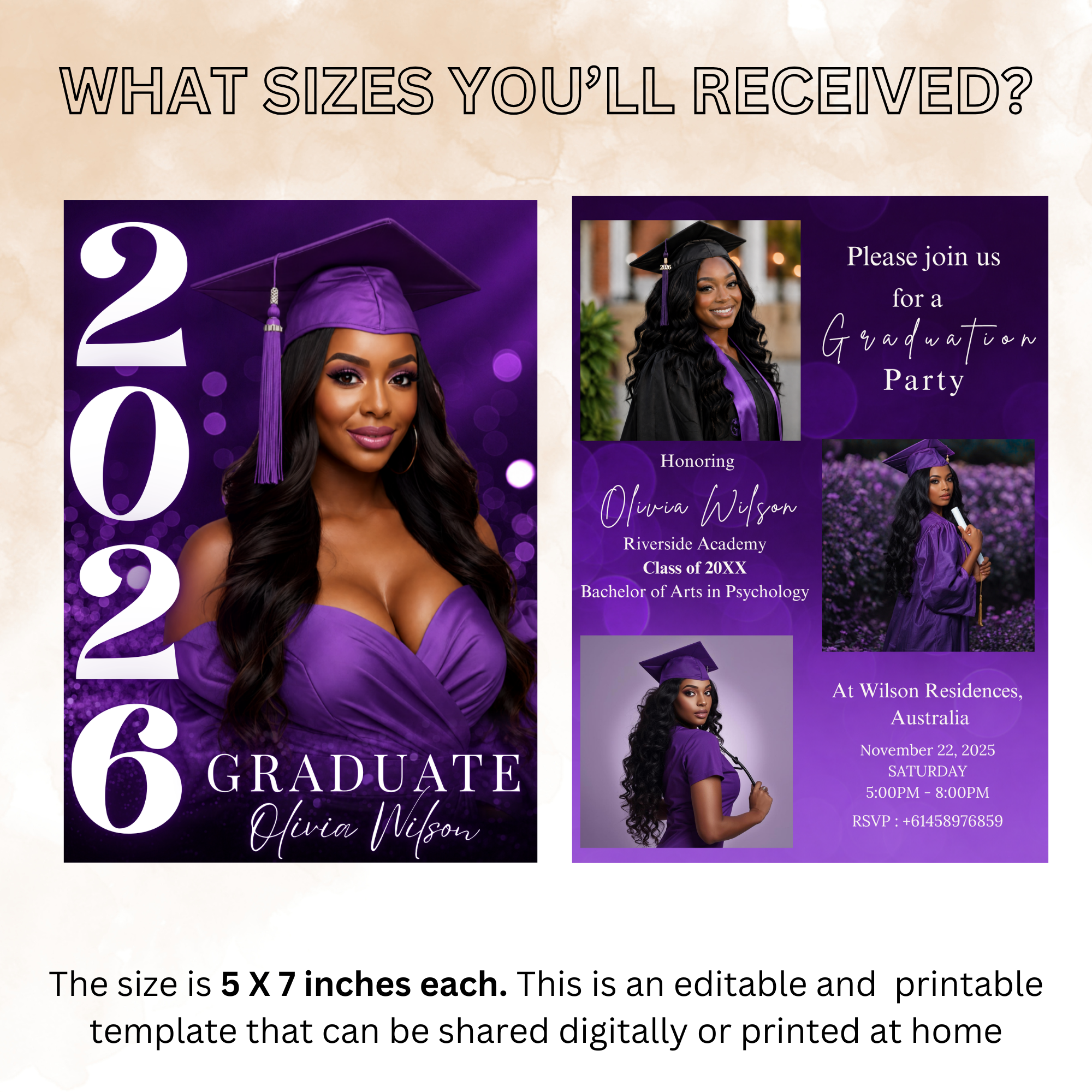 Purple Graduation Invitation with Photo, Class of 2026 Grad Party Announcement Invite for Him and Her, Printable Editable Digital Template