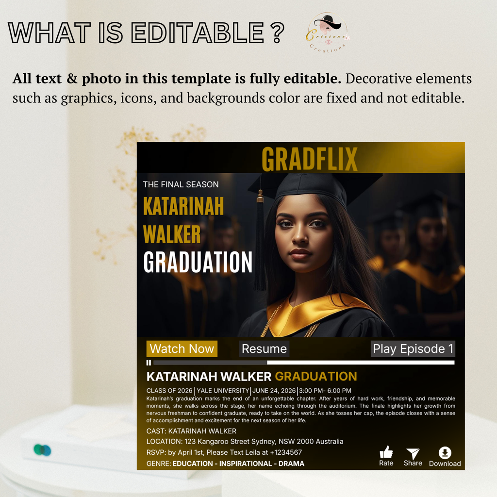 Movie Theme Graduation Invitation with Photo for Him and Her, Black Gold Streaming High School College Grad Party Invite, Printable Template