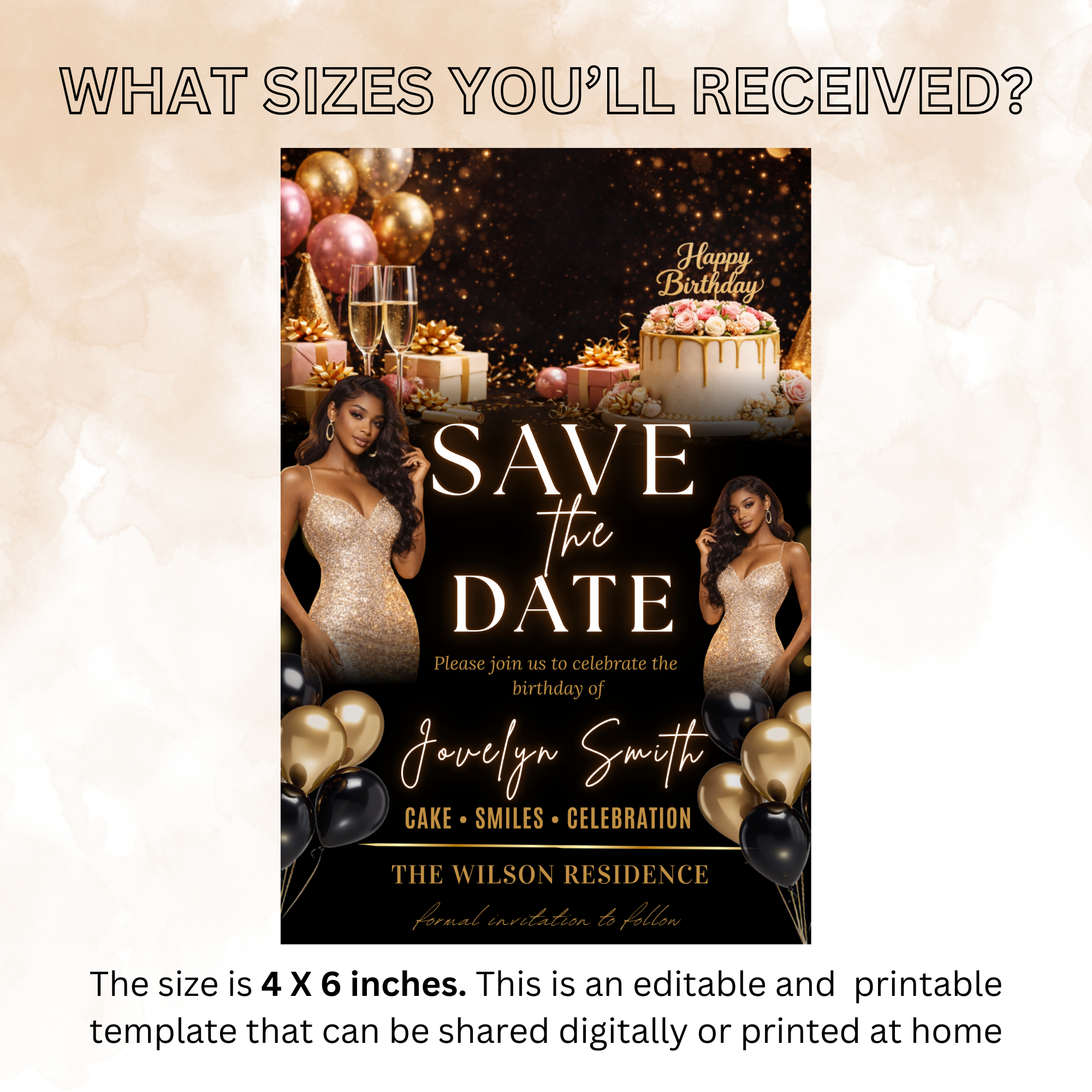Black Gold Save the Date Invitation, Birthday Party Save Date with Photo, Elegant Dinner Event Invite, Printable Canva Digital Template