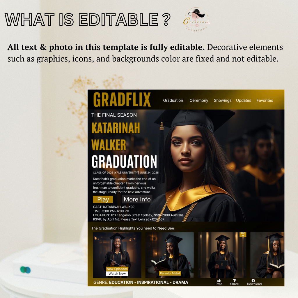 Graduation Invitation Movie Theme with Photo, Black Gold Cinematic Streaming Grad Party, Class of 2026 Flyer Card Invite, Printable Template