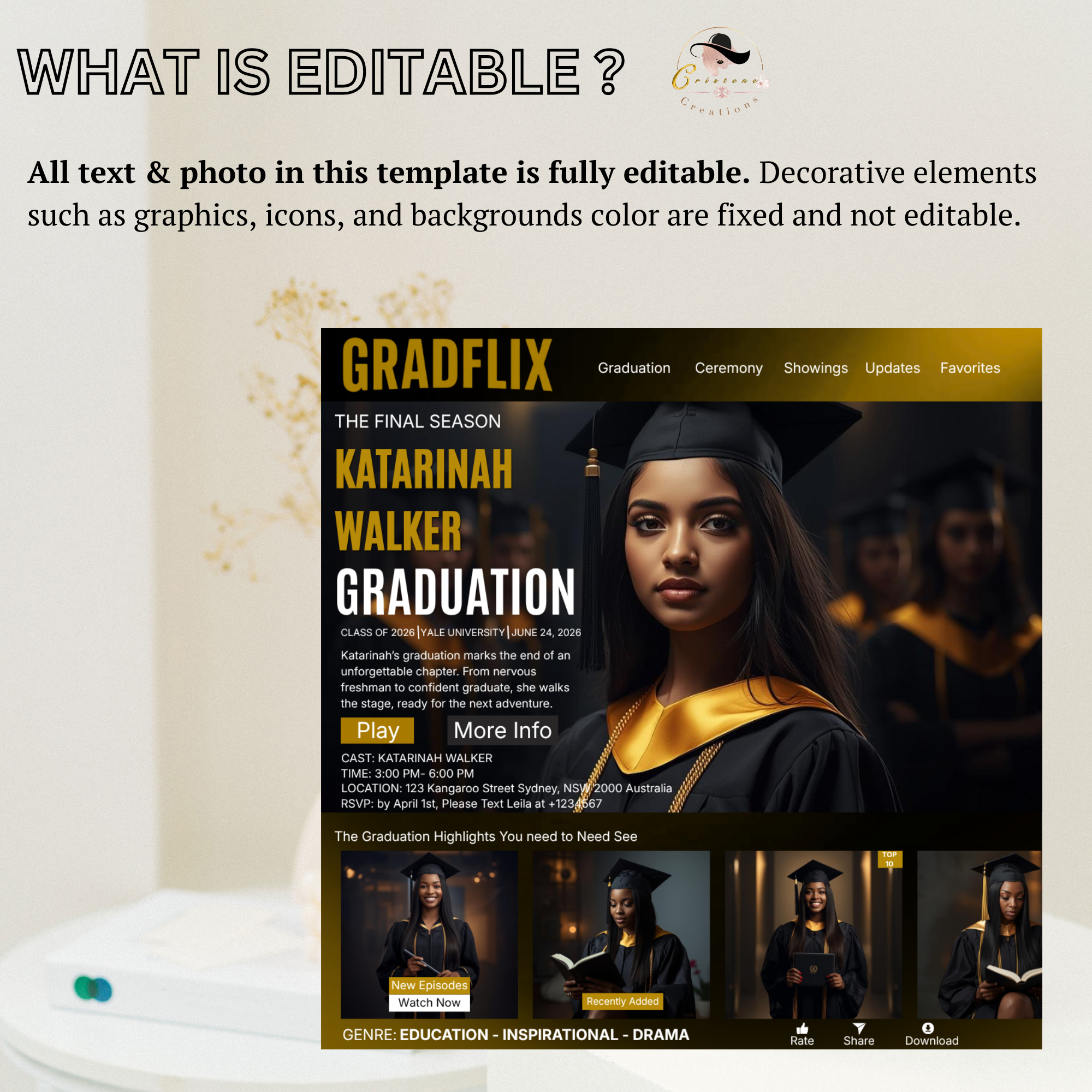 Graduation Invitation Movie Theme with Photo, Black Gold Cinematic Streaming Grad Party, Class of 2026 Flyer Card Invite, Printable Template