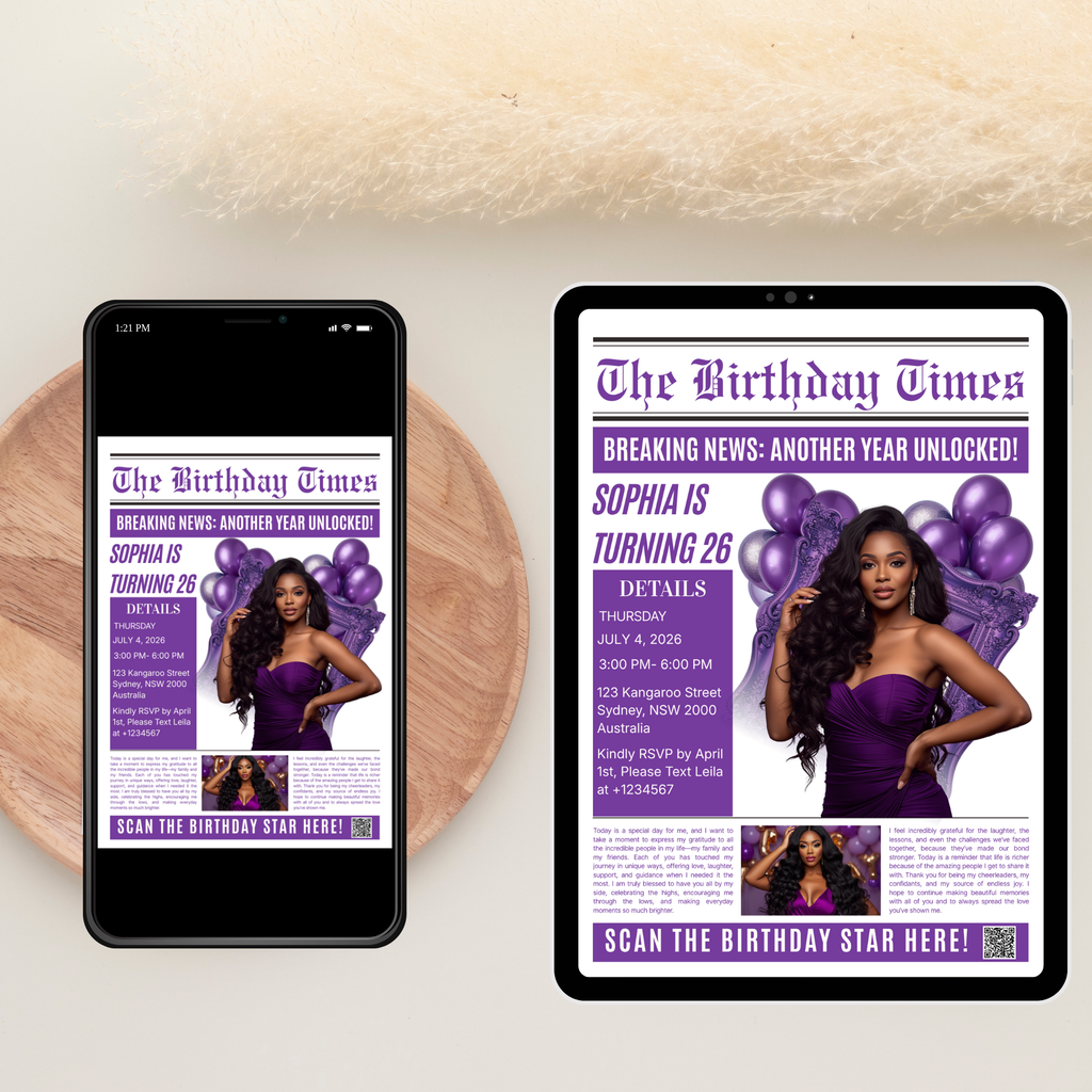 Purple Newspaper Birthday Invitation with Photo, Woman Birthday Dinner & Brunch Party Invite, Adult Celebration Editable Canva Template