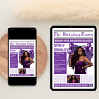 Purple Newspaper Birthday Invitation with Photo, Woman Birthday Dinner & Brunch Party Invite, Adult Celebration Editable Canva Template