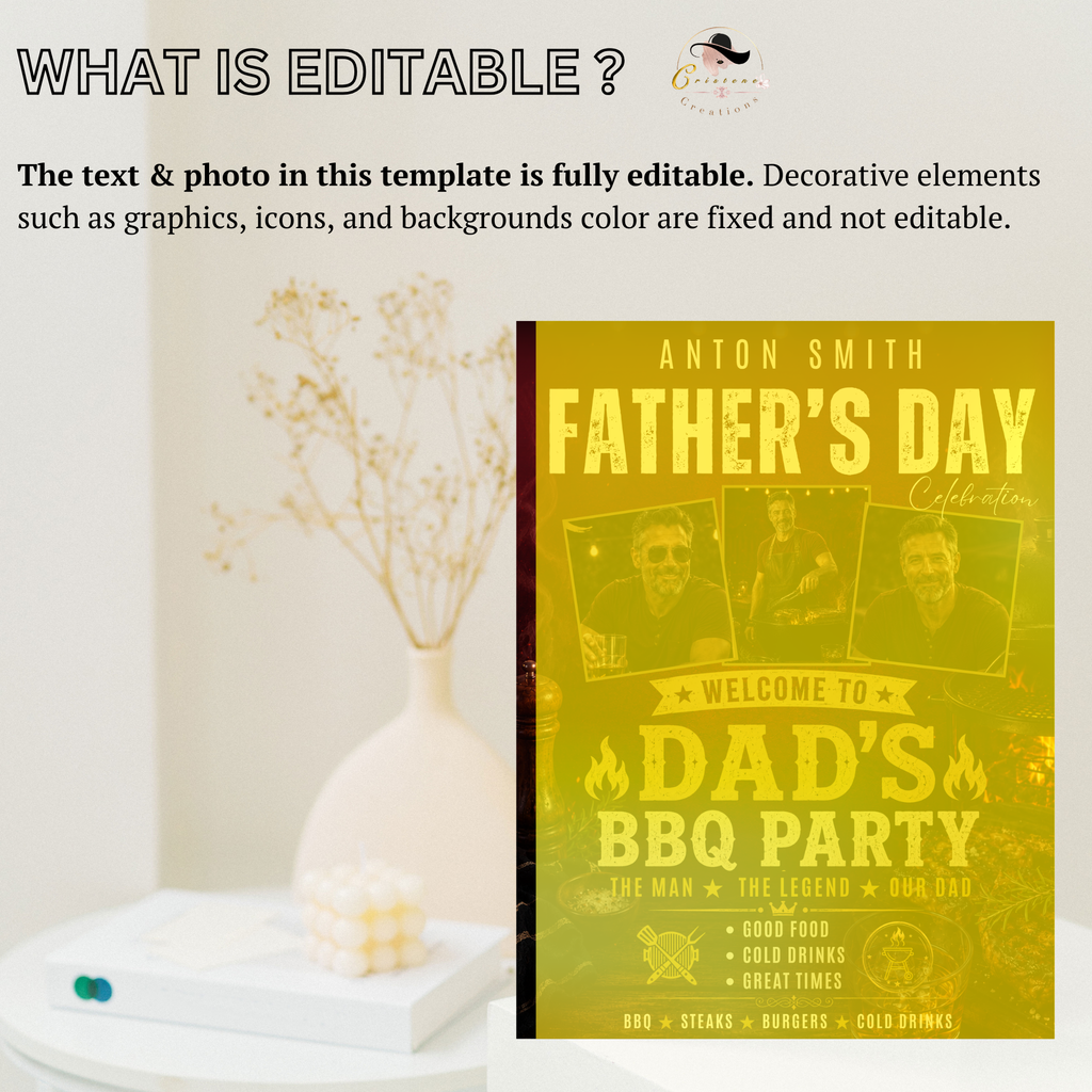 Red Fathers Day BBQ Welcome Sign with Photo, Dad Backyard Barbecue Party Poster Sign, Summer Cookout, Editable Printable Canva Template