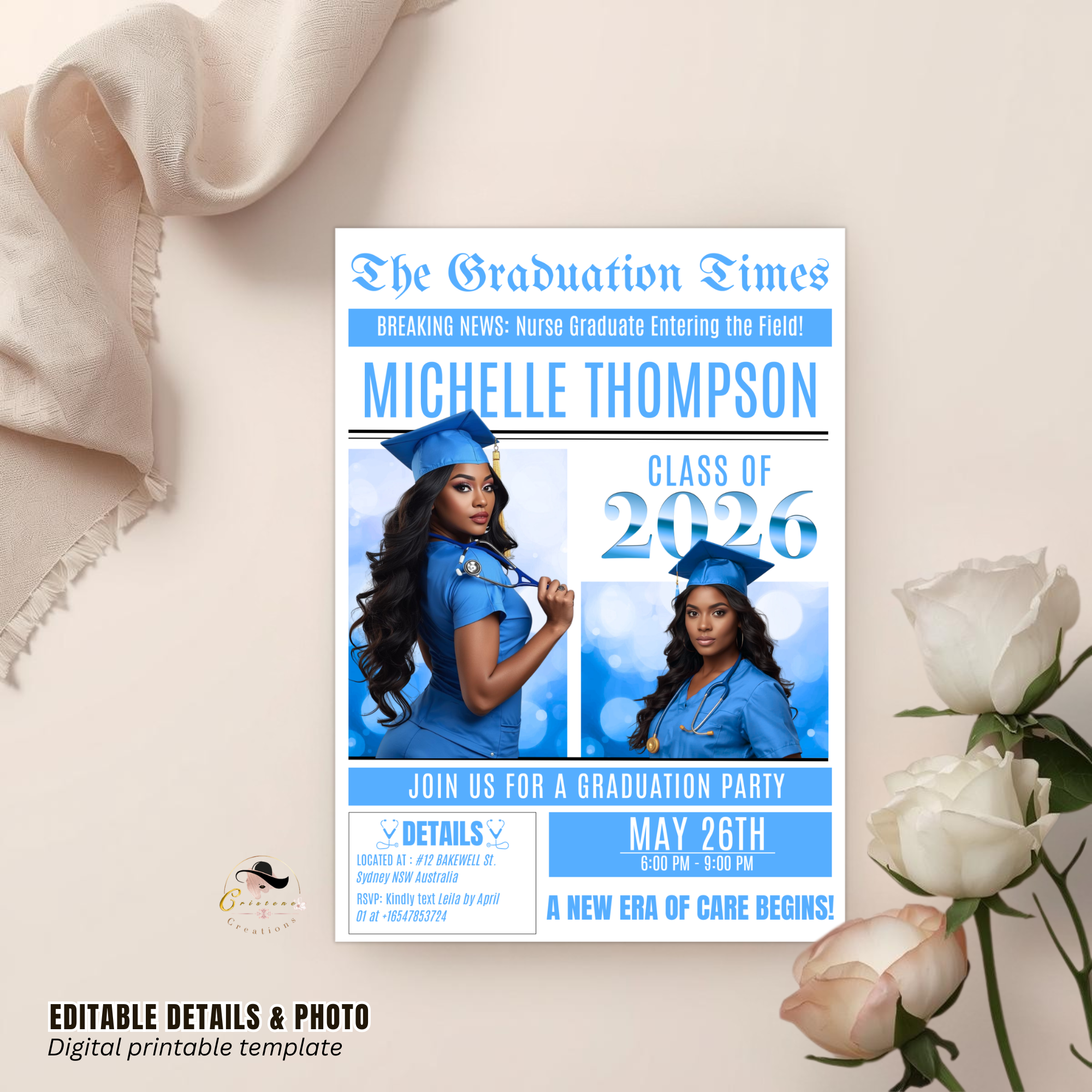 Newspaper Nurse Graduation Invitation, 2026 RN Pinning Ceremony with photo invite, LPN Nursing Graduates, Light blue BSN Flyer Template