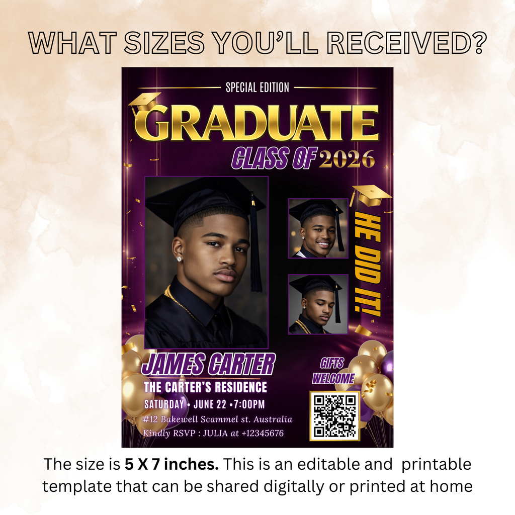 Purple Graduation Invitation, Boy Senior Grad Party with photos invite, Male College High school Graduates Announcement Card Flyer Template