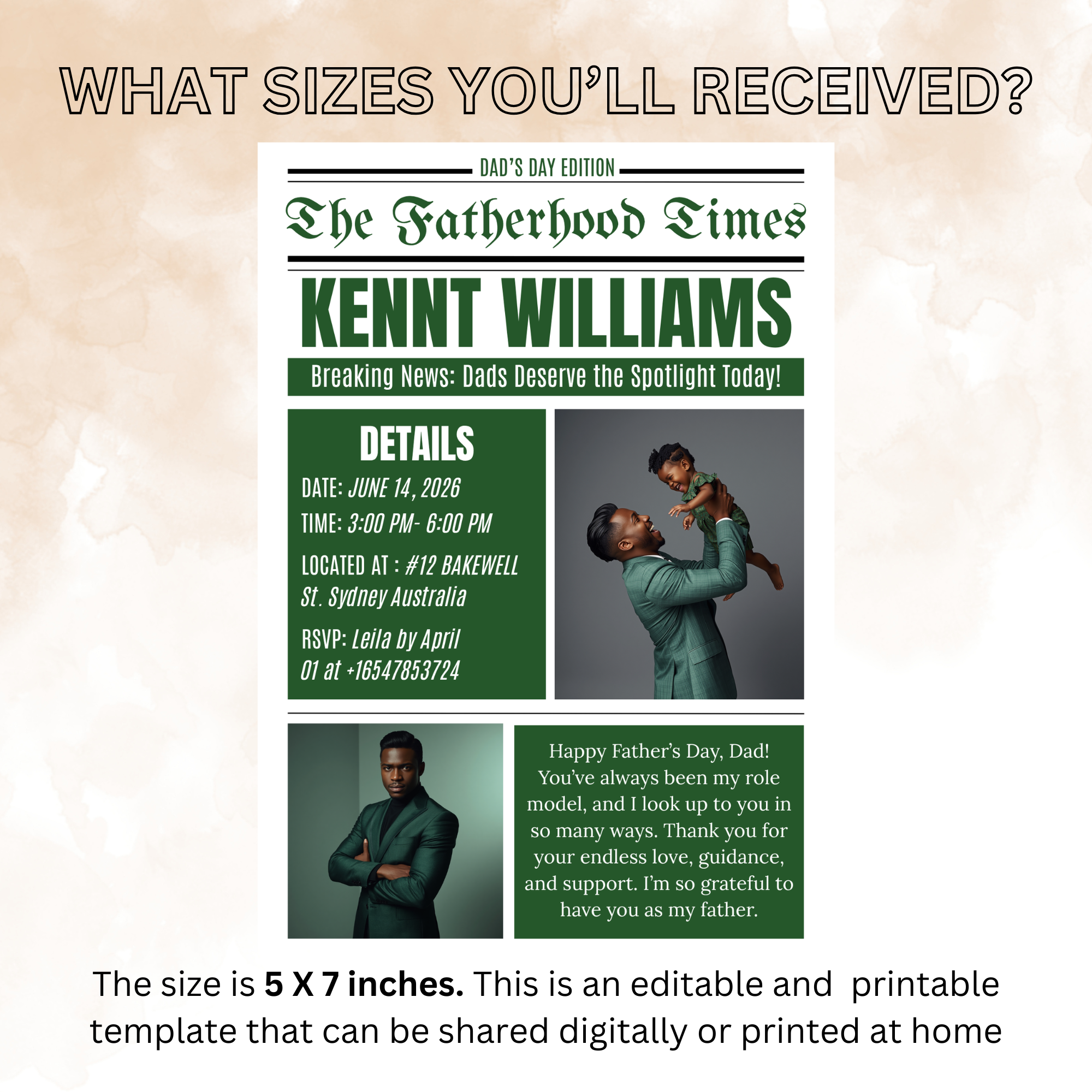 Fathers Day Newspaper Invitation with Photo, Dad Celebration Party Invite, Brunch or Dinner Invite, Flyer Card, Editable Canva Template