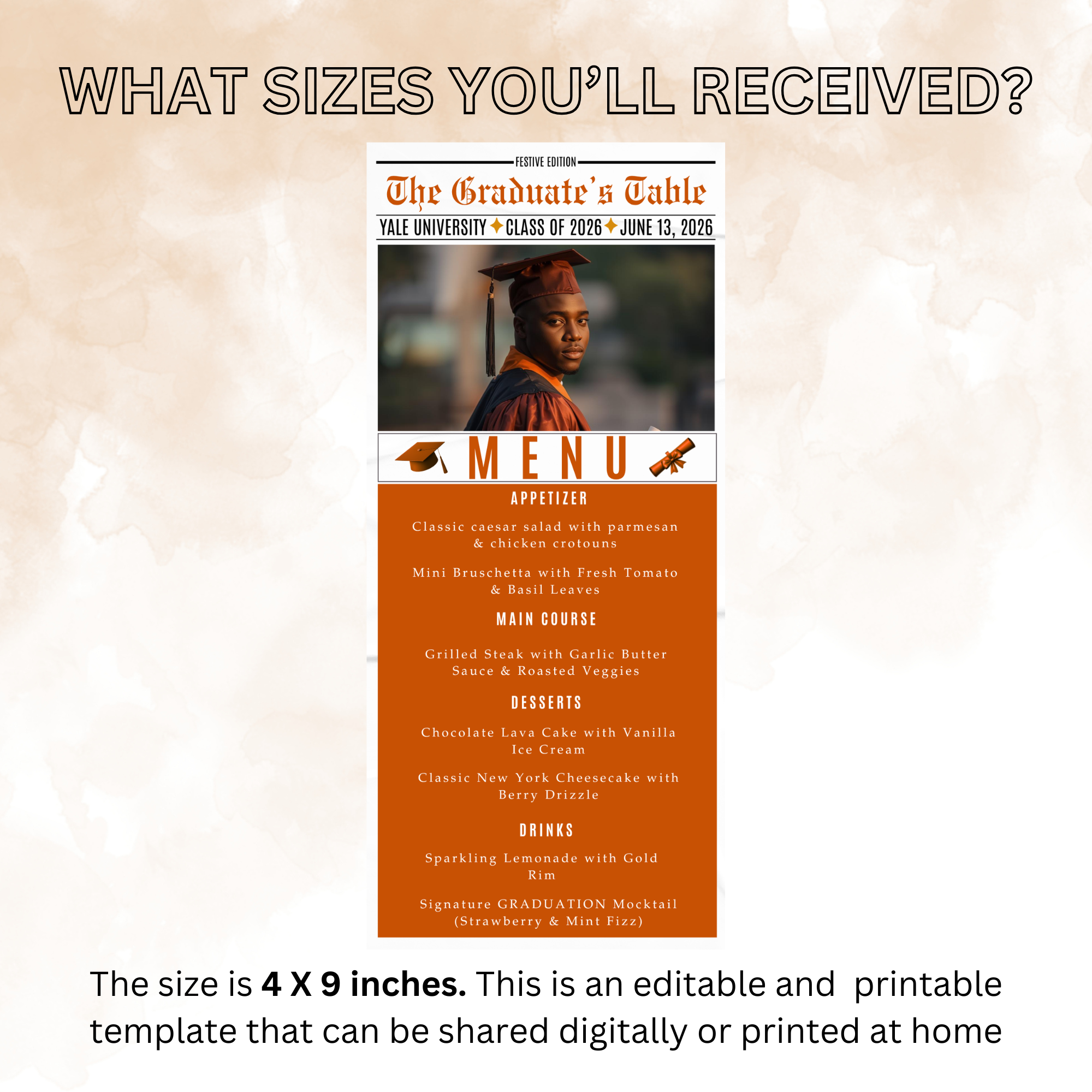 Orange Graduation Newspaper Menu with Photo Template, Senior Grad Dinner Party Menu For Him and Her, Class of 2026 Printable Editable Card