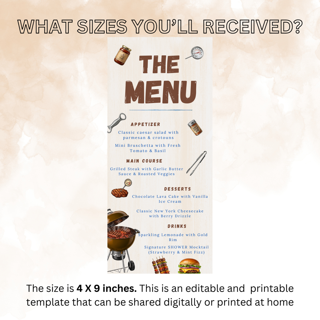 BBQ Party Menu Template, Father’s Day or Birthday Menu, Barbecue Cookout Menu, Summer BBQ Menu, Printable Editable Digital Canva Template