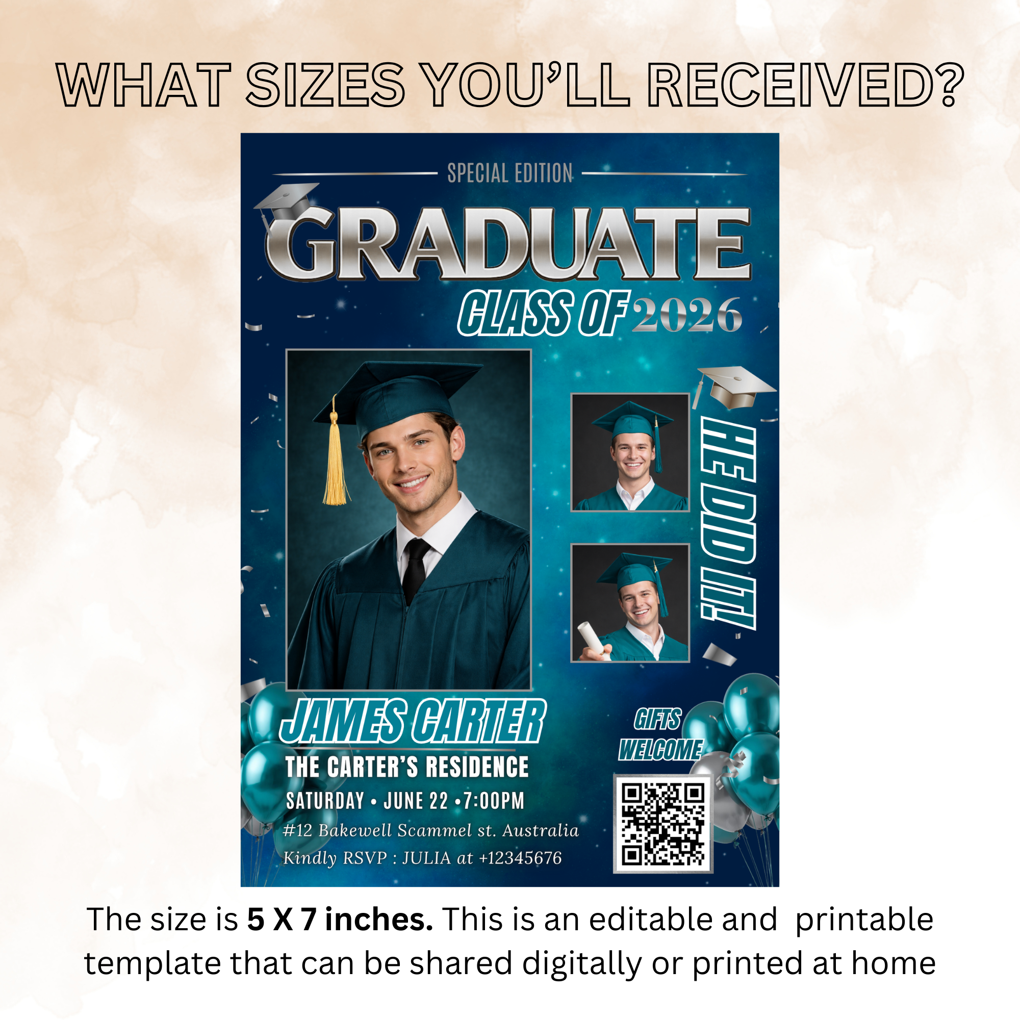 Teal Boy Graduation Invitation, Senior Grad Party with photos invite, Male College High school Graduates Announcement Card Flyer Template