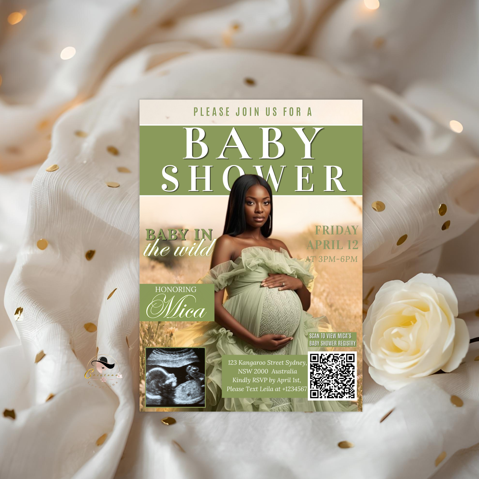 Safari Baby Shower Invitation with Photo, Jungle Zoo Baby Girl Boy Shower Invite, Green Brown Printable Editable Digital Canva Template
