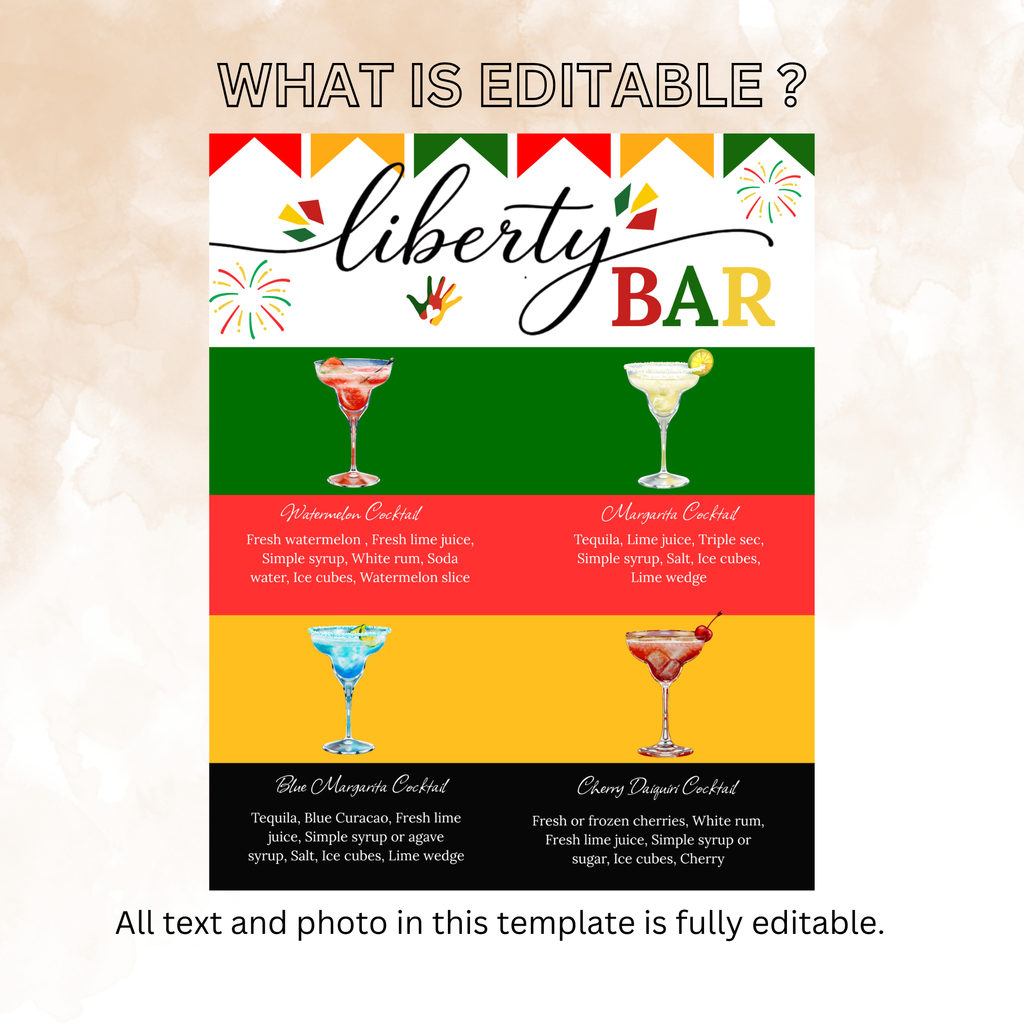 Juneteenth Signature Drinks Bar Menu Sign, Black Freedom Day Printable Table Sign, Jubilee Day Party Cocktails Sign, Canva Template