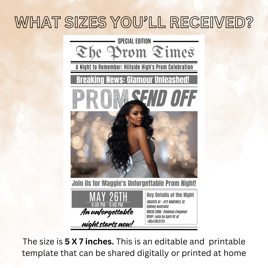 Newspaper Prom Send Off Party Invitation, White Silver Prom Queen with photo invite, Teen Prom Night Flyer Card, Digital Printable Template