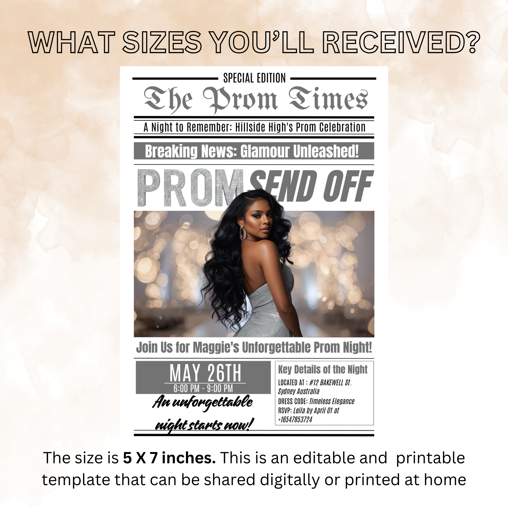 Newspaper Prom Send Off Party Invitation, White Silver Prom Queen with photo invite, Teen Prom Night Flyer Card, Digital Printable Template