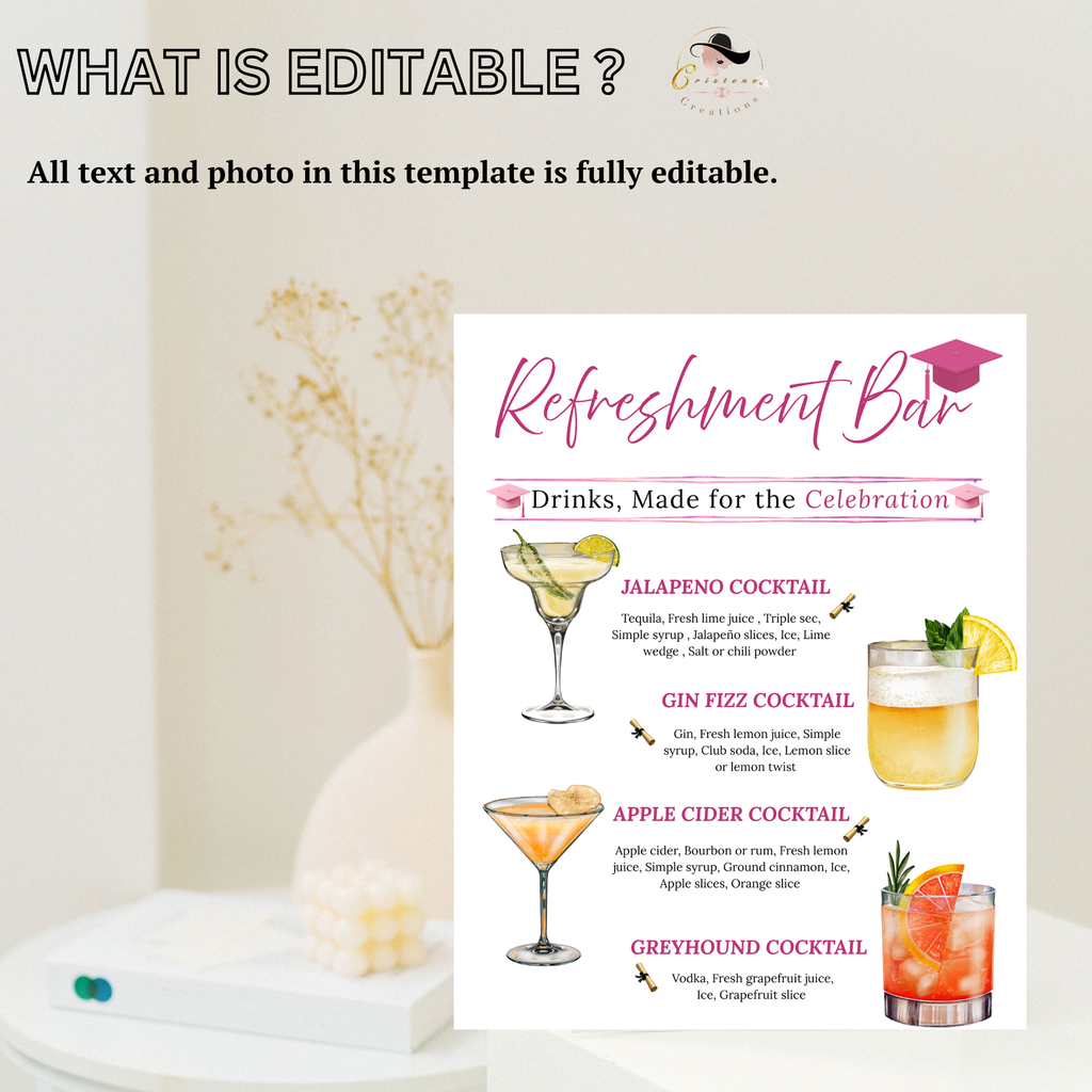 Graduation Drink Sign Template, Signature Drinks Bar Menu, Class of 2026 High School College Grad Party Drinks, Editable Canva Printable