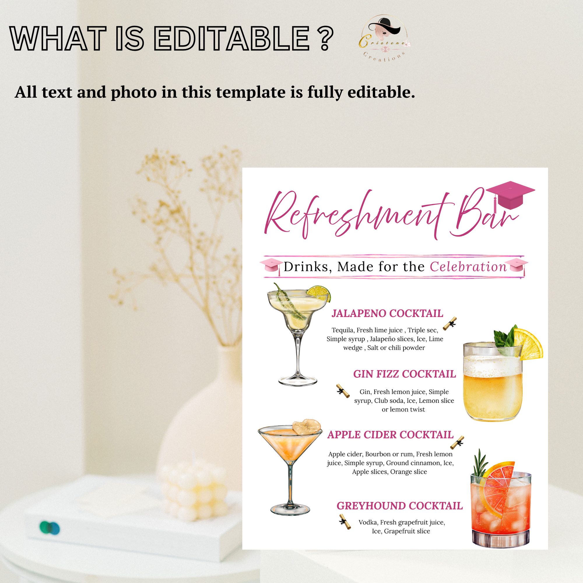Graduation Drink Sign Template, Signature Drinks Bar Menu, Class of 2026 High School College Grad Party Drinks, Editable Canva Printable
