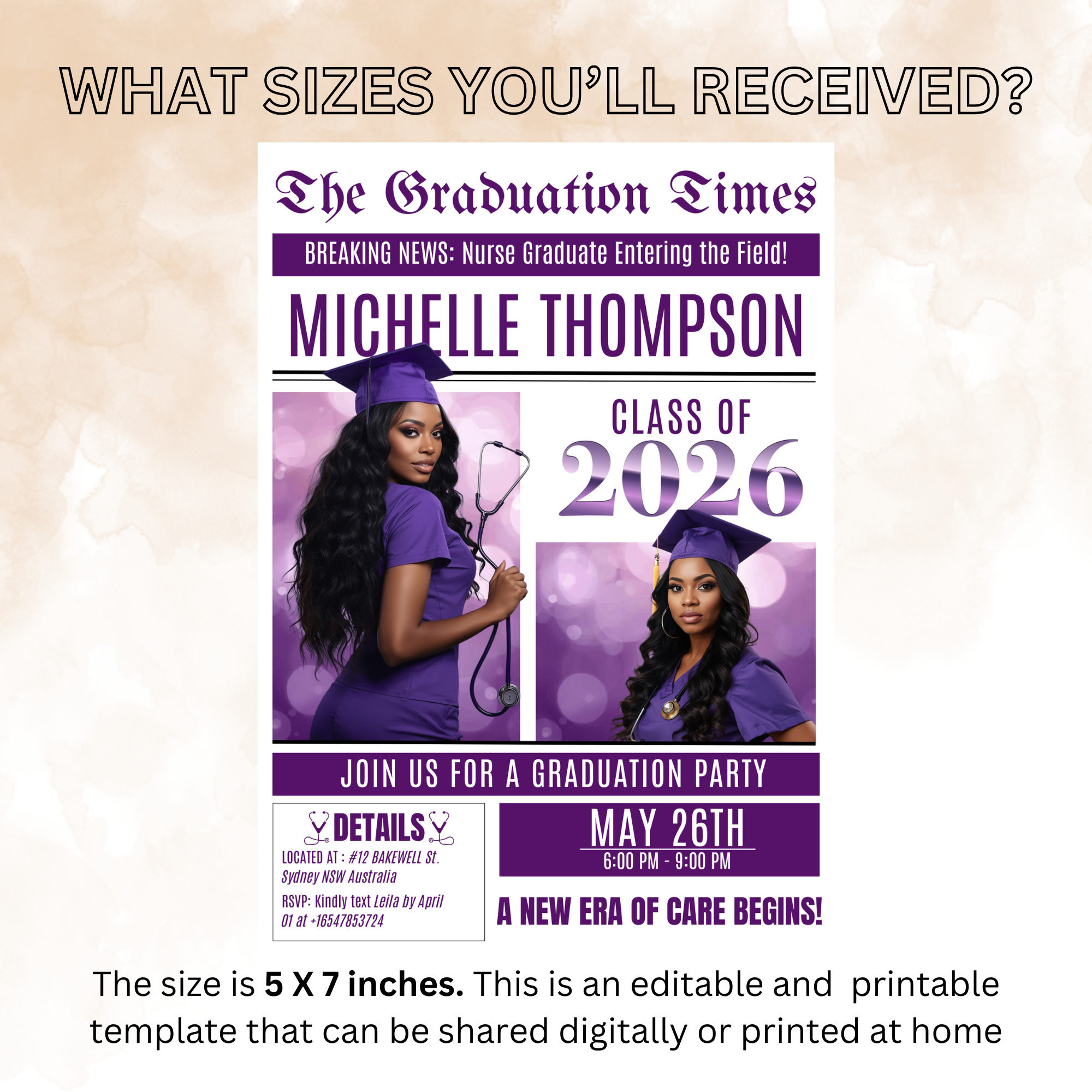 Newspaper Nurse Graduation Announcement Invitation, RN Pinning Ceremony with photo invite, LPN Nursing Graduates, BSN Purple Flyer Template