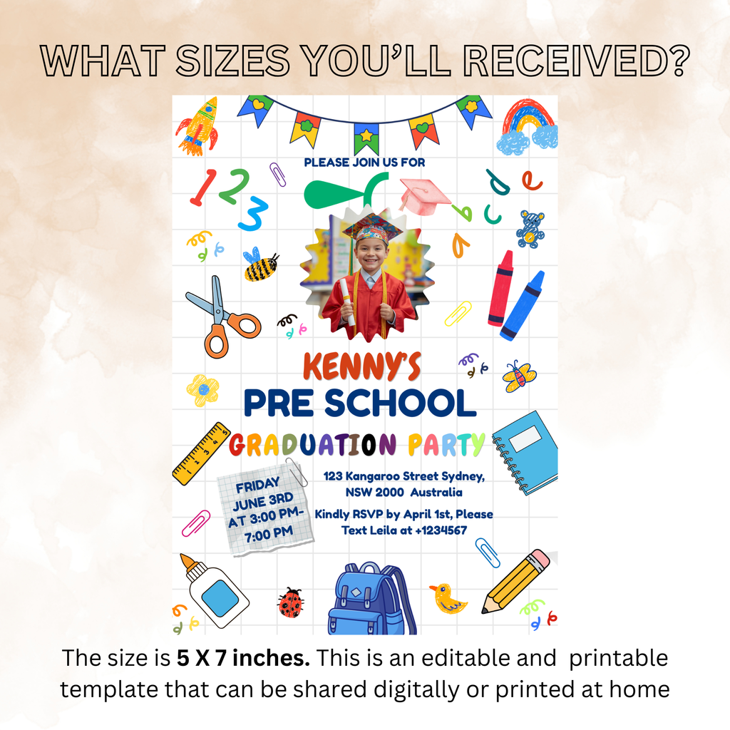 Preschool Pre K Graduation Invitation with Photo, Kindergarten Class of 2026 Grad Party Invite for Him and Her, Editable Canva Template