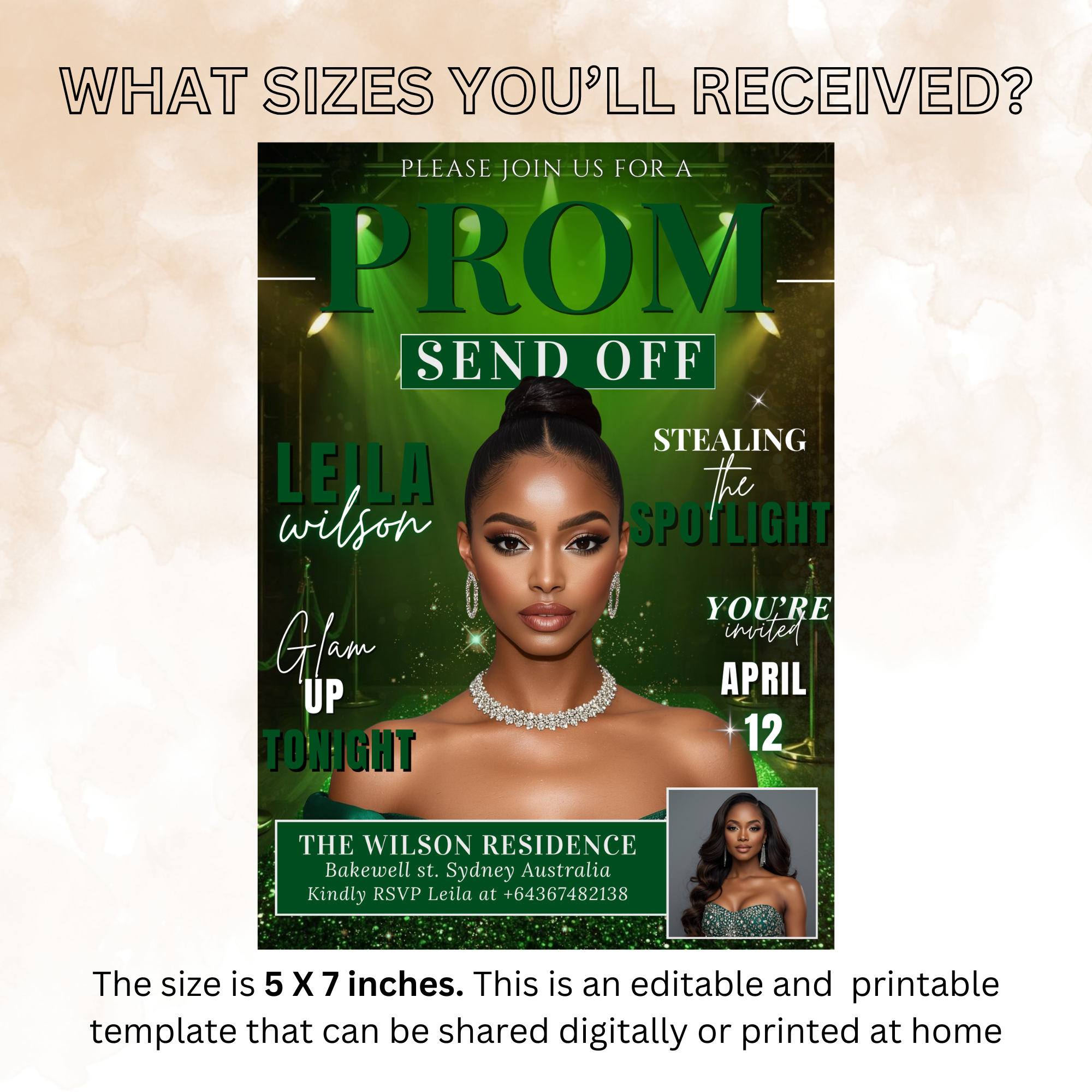 Green Prom Send Off Invitation, Prom Queen with photo invite, Girls Prom Night Party Flyer, Senior Junior Prom, Digital Printable Template