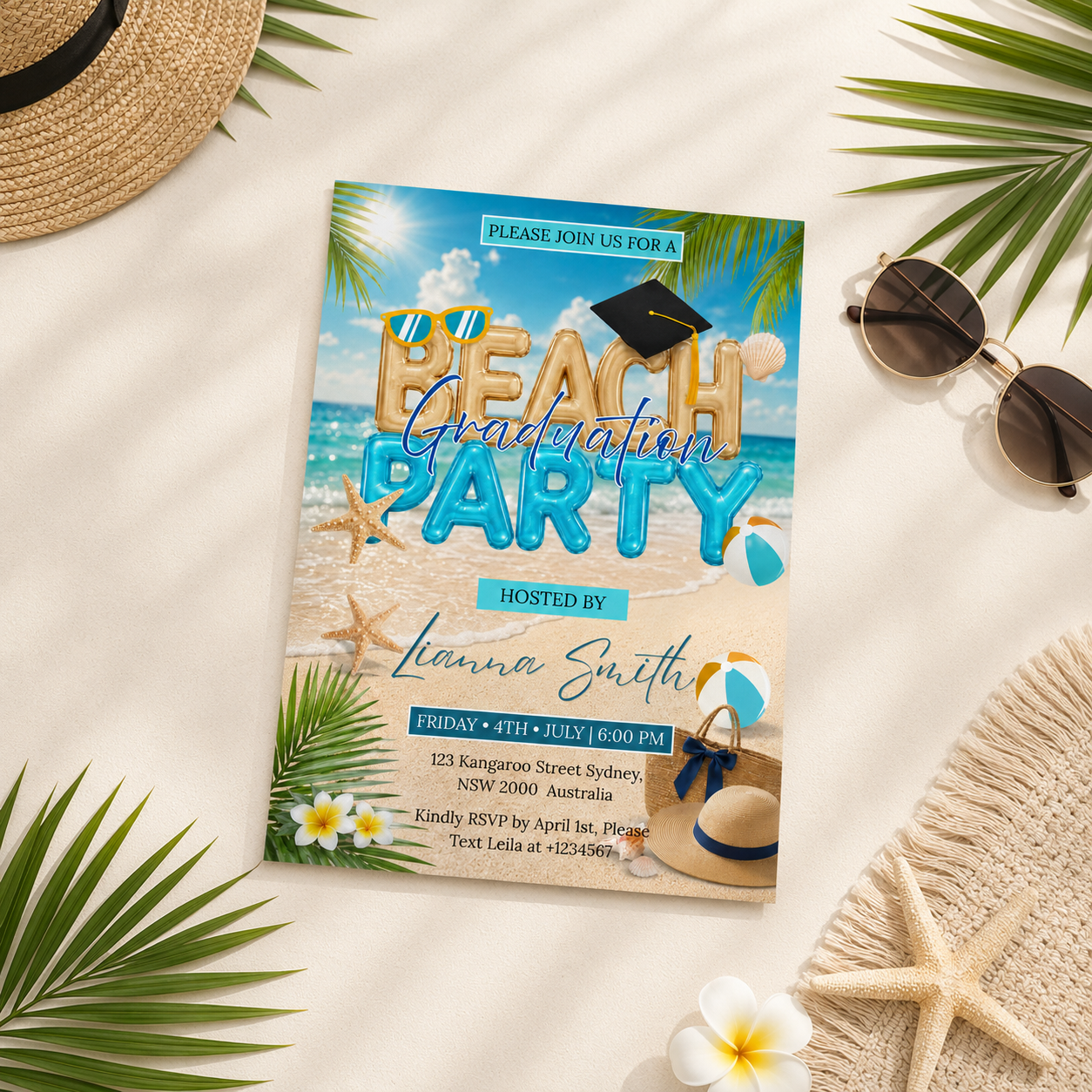 Graduation Beach Party Invitation, High School College Summer Tropical Grad Invite for Him and Her, Printable Editable Canva Template