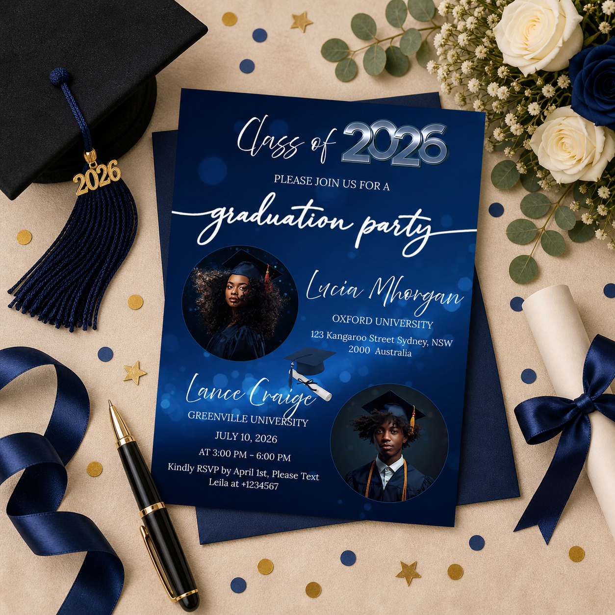 Blue Double Graduation Invitation with Photo, Class 2026 Twin Senior Grad Party Invite for High School College, Girl Boy Printable Template