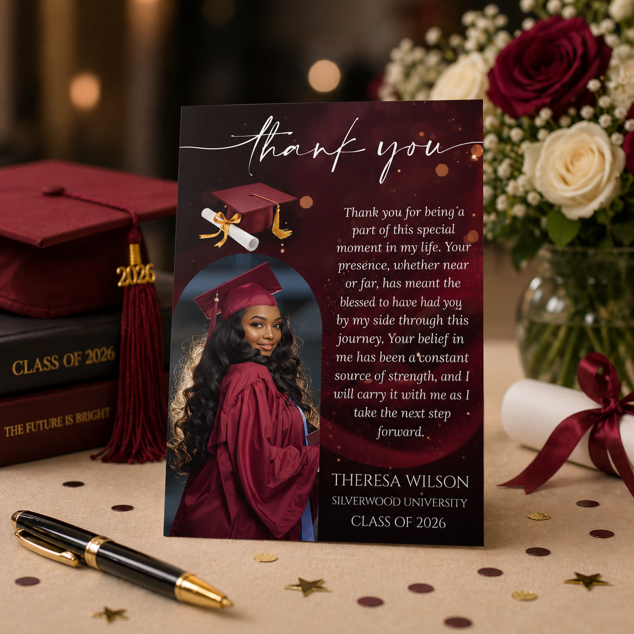 Graduation Thank You Card Template with Photo, Class of 2026 Grad Thank You Note for Him and her, Maroon Editable Canva Digital Printable