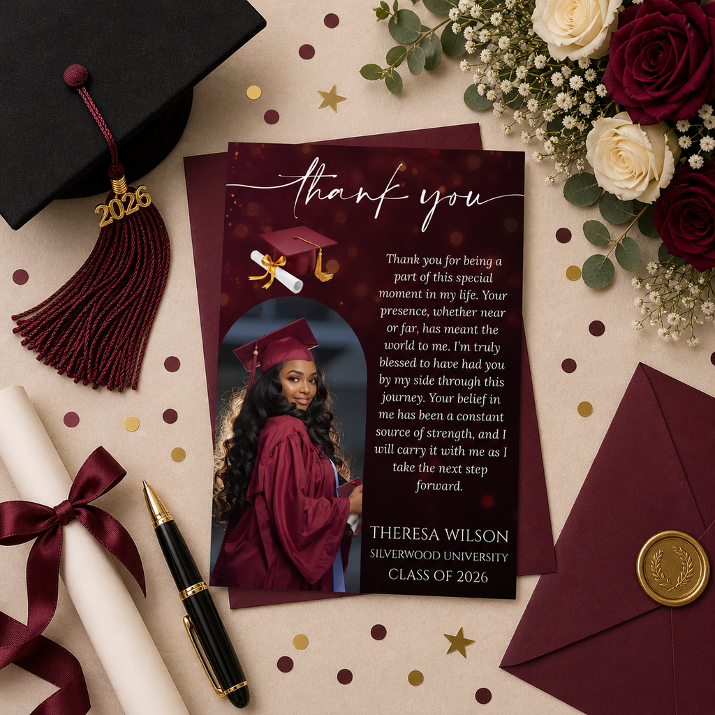Graduation Thank You Card Template with Photo, Class of 2026 Grad Thank You Note for Him and her, Maroon Editable Canva Digital Printable