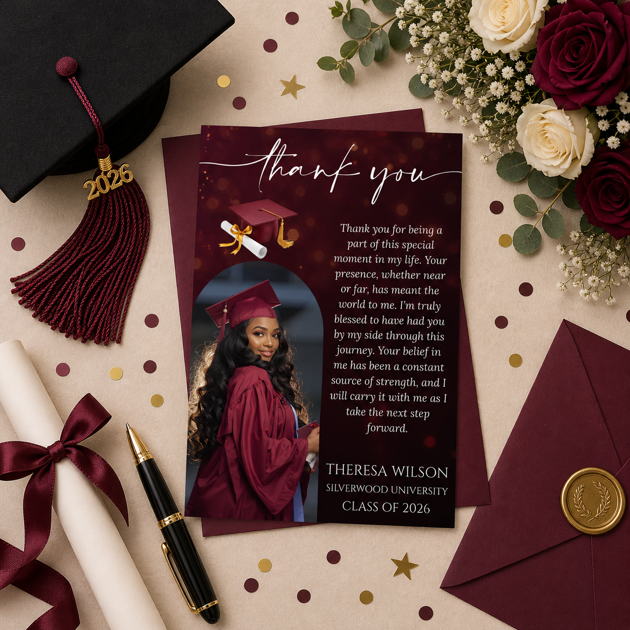 Graduation Thank You Card Template with Photo, Class of 2026 Grad Thank You Note for Him and her, Maroon Editable Canva Digital Printable