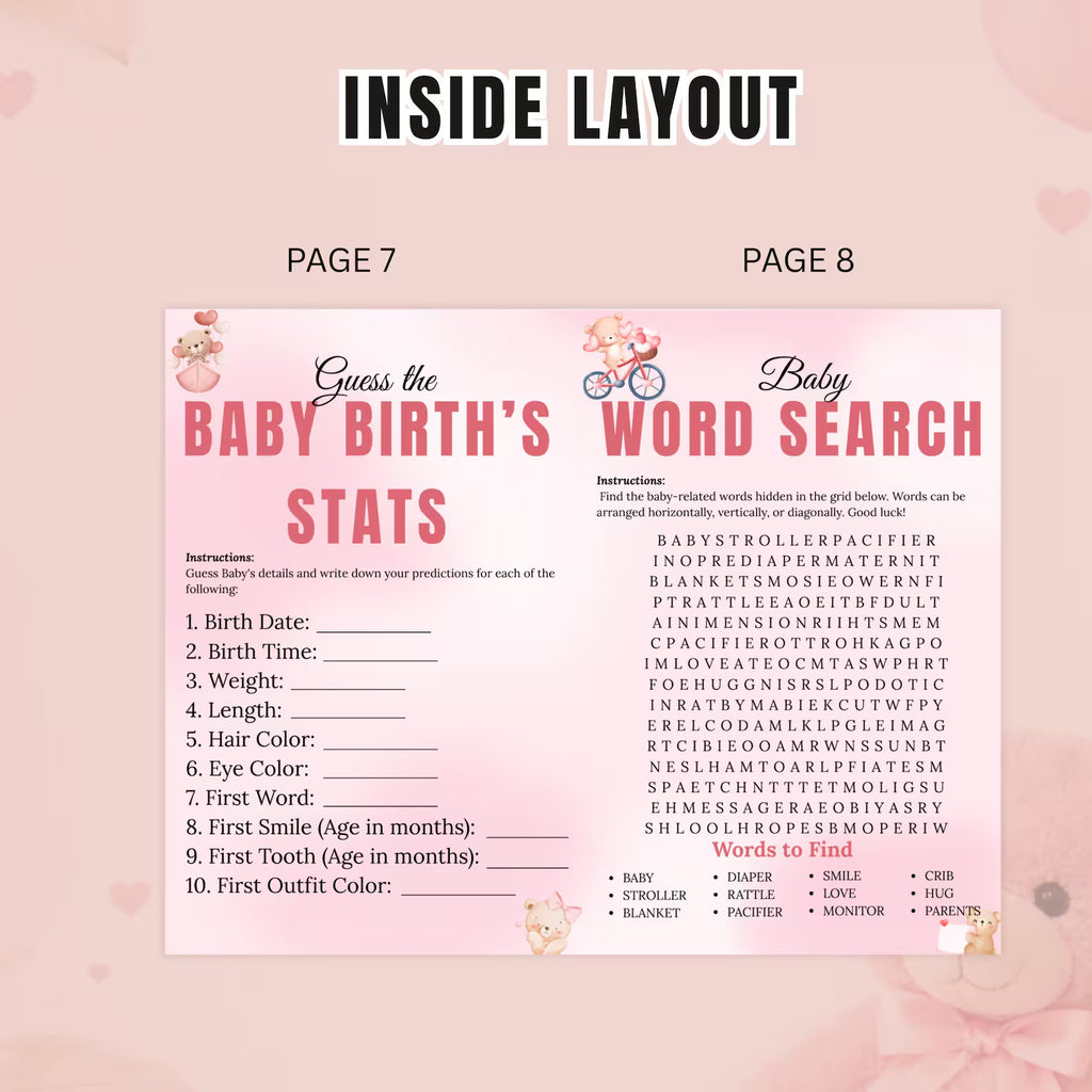 Pink Baby Shower Activity Booklet, Baby Shower Games Bundle Teddy Bear Themed, Magazine Style with photo Printable Party Decor Template