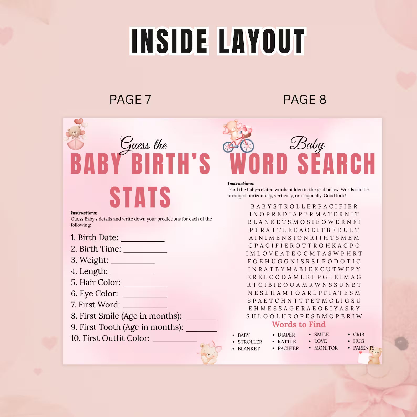 Pink Baby Shower Activity Booklet, Baby Shower Games Bundle Teddy Bear Themed, Magazine Style with photo Printable Party Decor Template