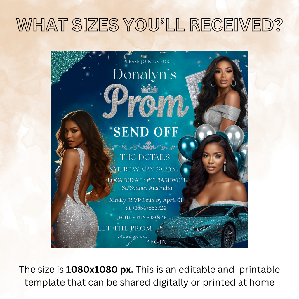 Prom Send Off Invitation, Prom Queen Party with photo invite, Girls Prom Night Flyer, Teal Silver Diamond Theme, Digital Printable Template