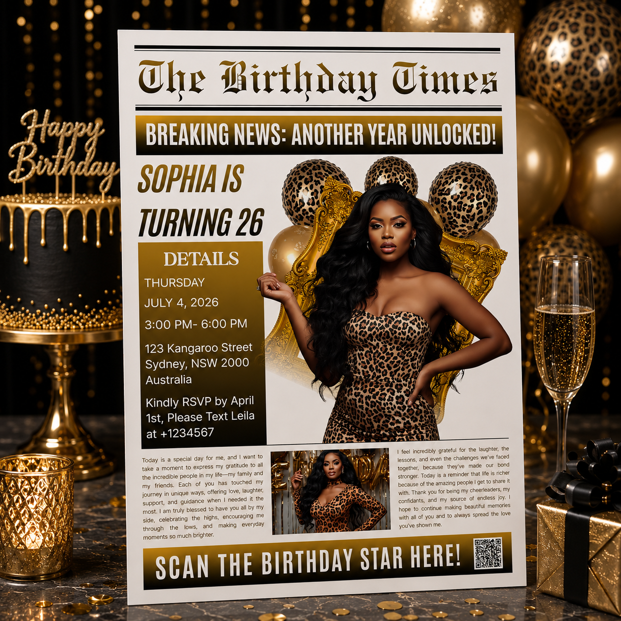 Leopard Print Newspaper Birthday Invitation with Photo, Birthday Dinner and Brunch Party Invite, Cheetah Print Editable Canva Template